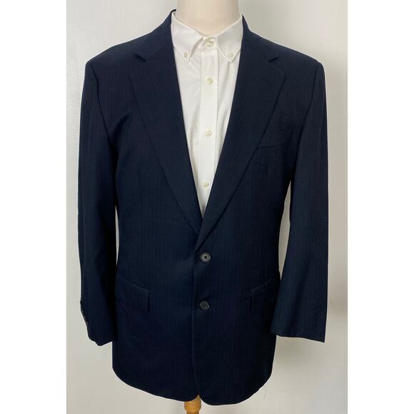 Men Chester Barrie England navy blue pin-stripe wool 2-button blazer sport coat - Picture 1 of 8